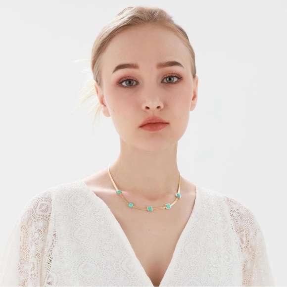 Turquoise Blue Stone Square Herringbone Necklace - Picture 3 of 17